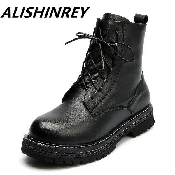 

new fashion winter warm women ankle boots literary genuine leather boots handmade round toe platform, Black