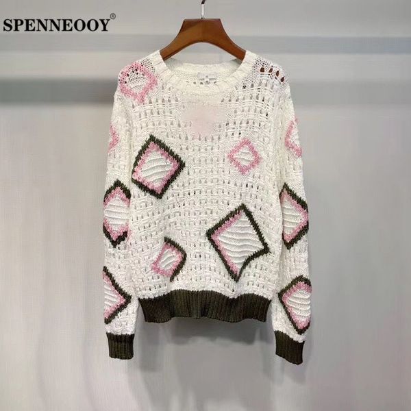 

spenneooy designer custom runway summer women hollow out knitting pullovers ladies argyle long sleeve high street sweater, White;black