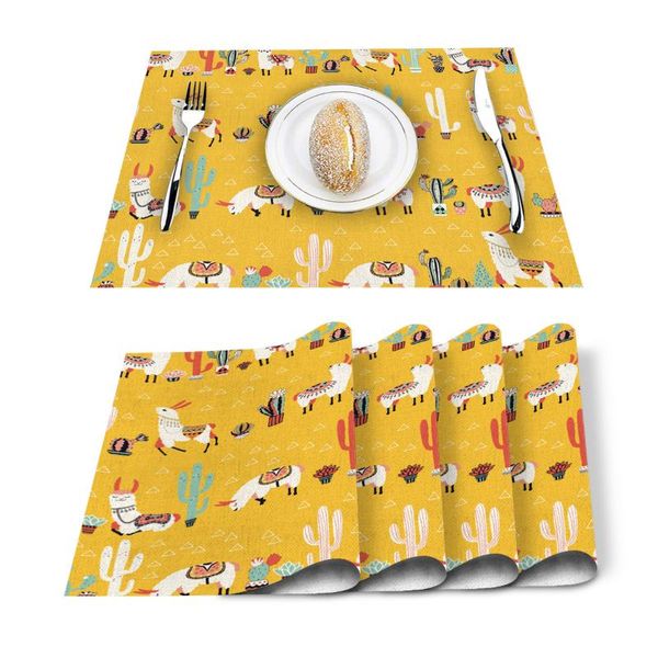 

4/6 pcs placemat lovely cactus lama alpaca mexico printed table mat for tables heat-insulation cotton linen kitchen dining pads