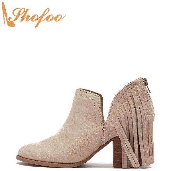 

boots brown ankle high chunky heels almond toe booties zip woman large size 15 16 ladies winter fashion fringe shoes shofoo, Black
