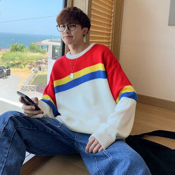 

2020 the new of men's loose fashion leisure han edition personality color matching round neck long sleeve sweater coat, White;black