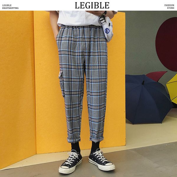 

legible plaid pants mens hip hop harem pants male casual pocket joggers men ankle-length men trousers, Black