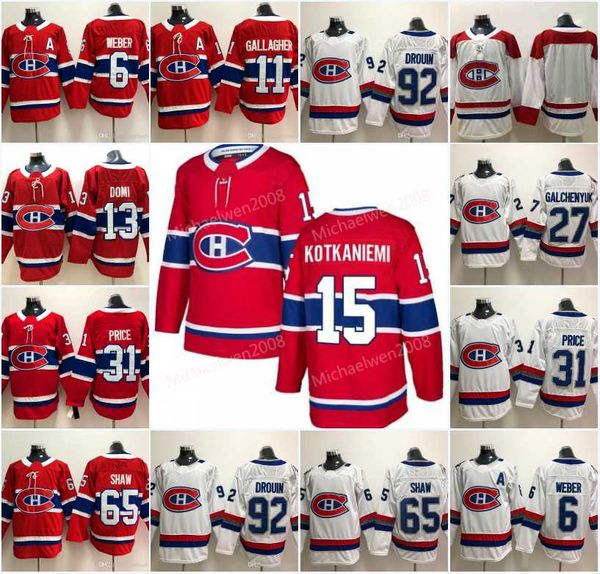 

15 Jesperi Kotkaniemi Men Montreal Canadiens 13 Max Domi Shea Weber Brendan Gallagher Karl Alzner Carey Price Shaw Drouin Hockey Jerseys, Black;red