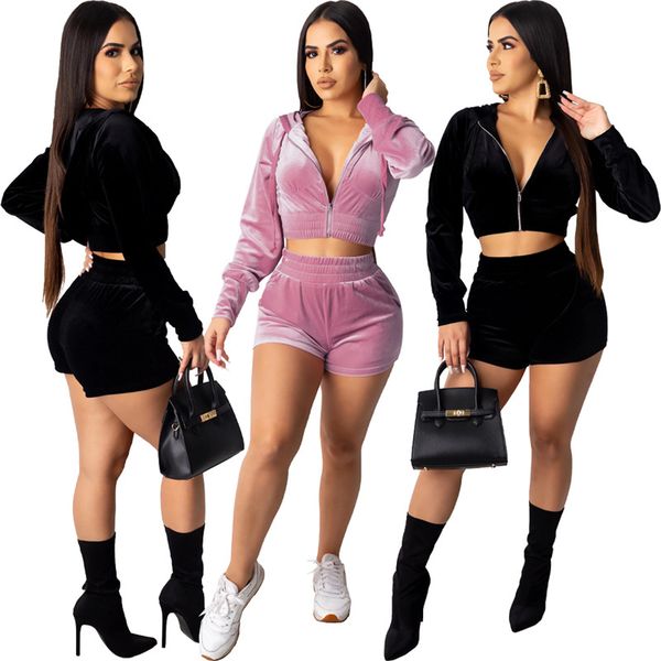

fashion women velour hooded coat crop shorts 2 pieces set long sleeve zipper jacket+shorts casual fall winter clothing outfits 2361, Black;gray