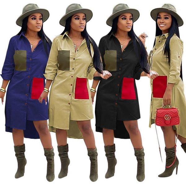 

sleeve pocket female dress pure female clothing irregular womens designer shirt dresses long, Black;gray