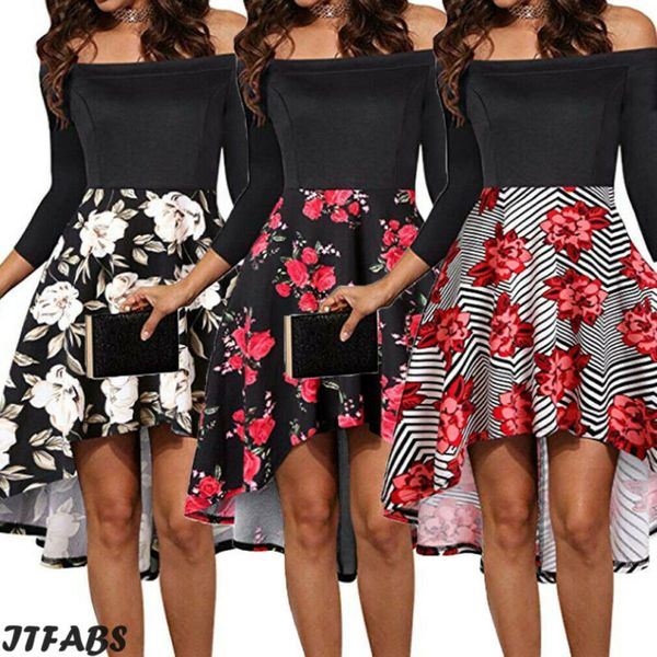 

elegant fashion women casual boat patchwork floral long sleeve neck glitter dress evening party formal dress us, Black;gray
