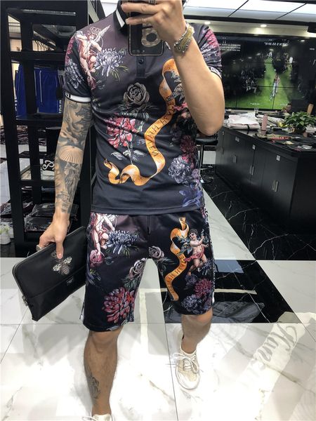 

лето 2019 новой купидон мода печатных рубашки поло тонкого handsome двухсекционного способ людей с коротким рукавом коротких штанов черного, White;black