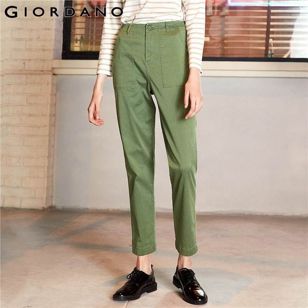 

giordano women pants solid ankle-length mid waist trousers women patch pockets zip front casaul pantalones de mujer 90429317, Black;white