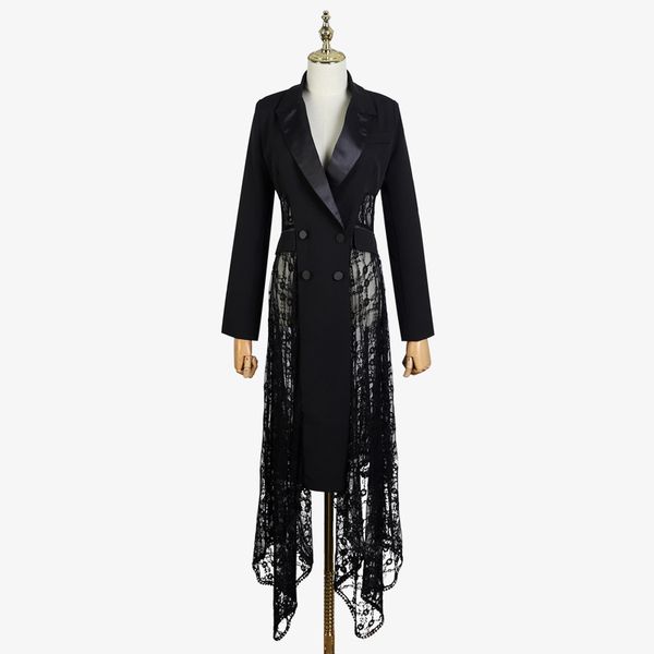 

menkay] transparent hollow out lace long sleeve loose trench coat windbreaker woman blazer 2019 spring new fashion, Tan;black