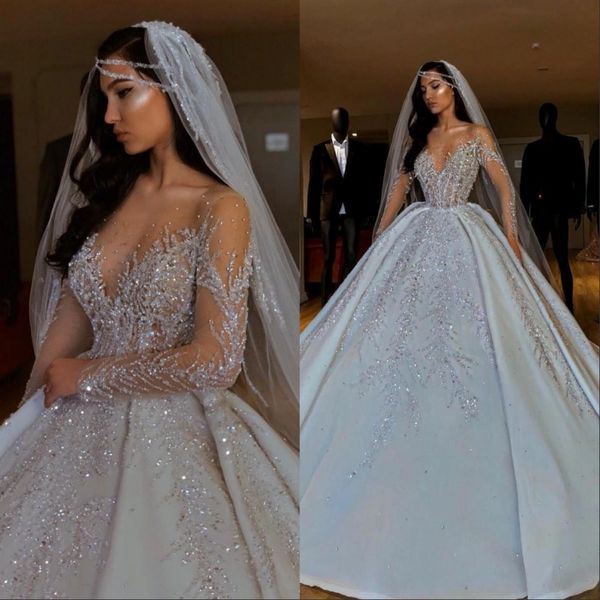 

vintage африканские свадебные платья luxurious sheer шеи длинные рукава невесты платья бисером блестки атласная свадебные платья, White