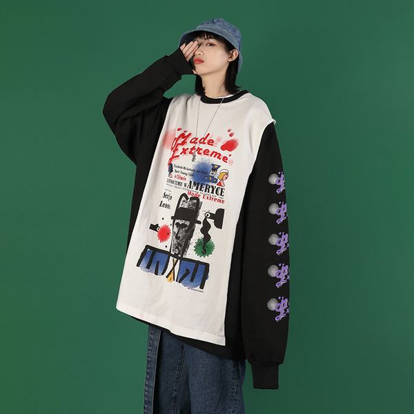 

fake two pieces of graffiti loose sweatshirts women's hoodie 2019 new korean version lazy clothes fashion sweatshirt, Black