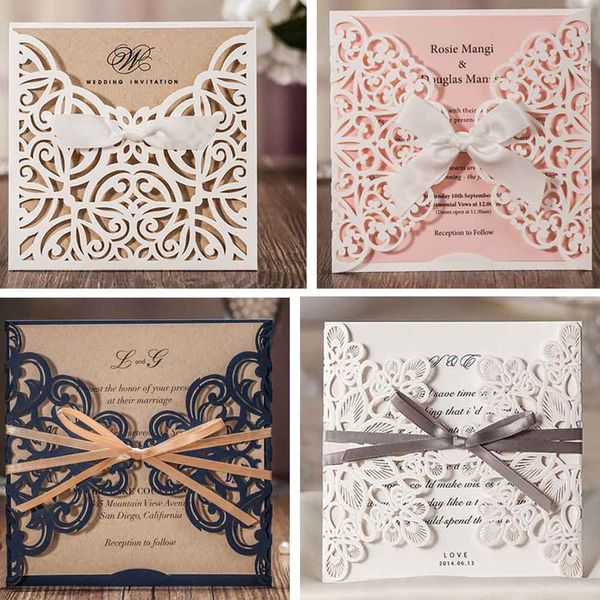 

1pcs sample card wishmade ivory square laser cut wedding invitations cards with bow lace sleeve for engagement baby shower