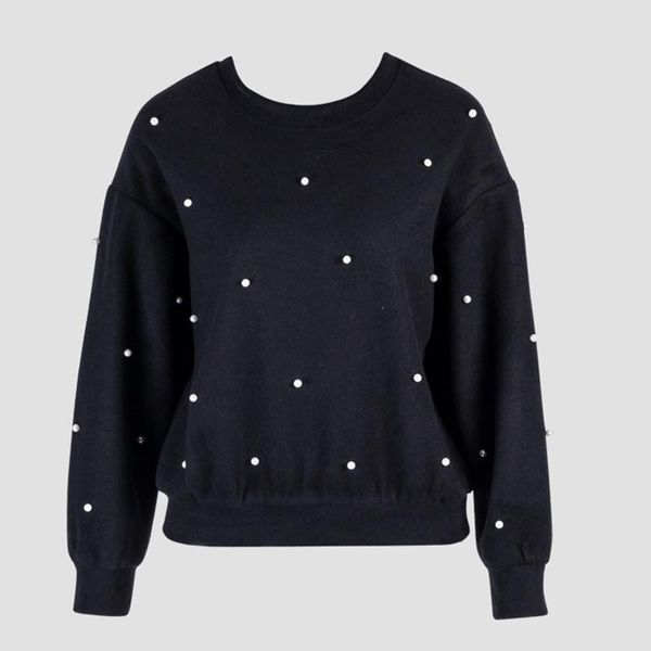 

high street fall winter pearl beading oversized hoodie women fashion o -neck long sleeve pullover sweatshirt casual, Black
