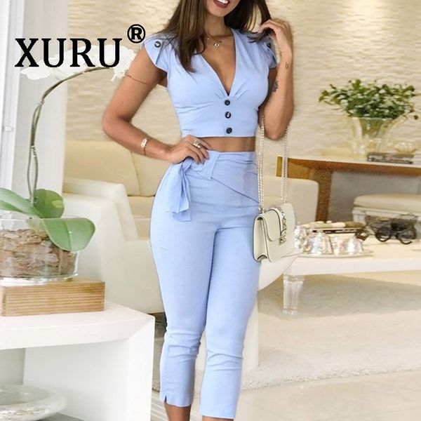 

xuru summer new fashion women's jumpsuit two-piece v-neck strap slim casual skinny jumpsuit set cropped pants, Black;white