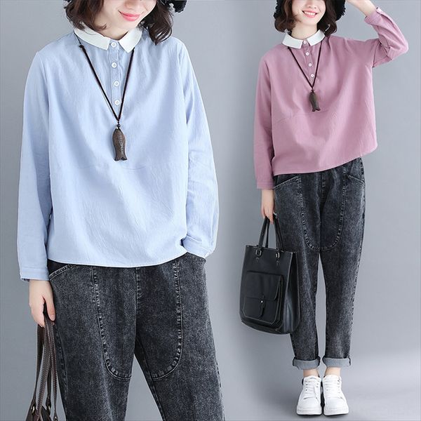 

2019 autumn lapel linen hipster long sleeve shirt 2019 autumn lapel linen hipster long sleeve shirt, White