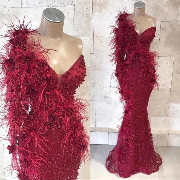 

2020 new luxury mermaid evening dresses burgundy one shoulder flowers backless floor length pearls formal evening gown prom party dresses, Black;red