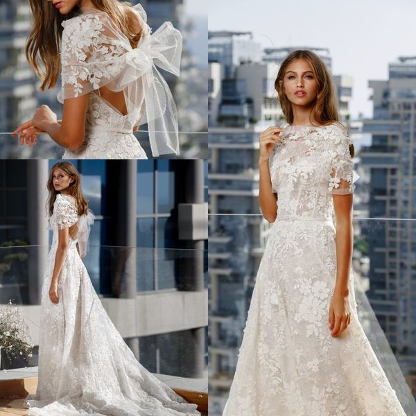 Praia vestidos de noiva novo Moda 2020 Jewel Neck 3D Lace apliques vestidos de noiva manga curta Plus Size Vestido de noiva vestido de casamento