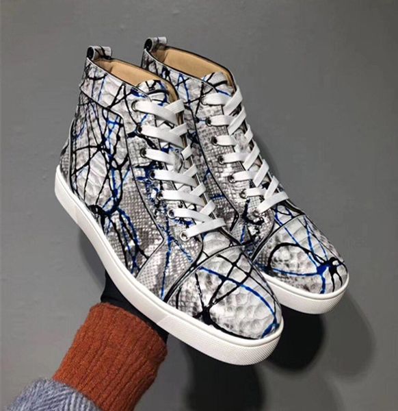 

graffiti python leather high sneakers shoes women,men red bottom casual party leisure flats famous dress walking with box eu36-47, Black