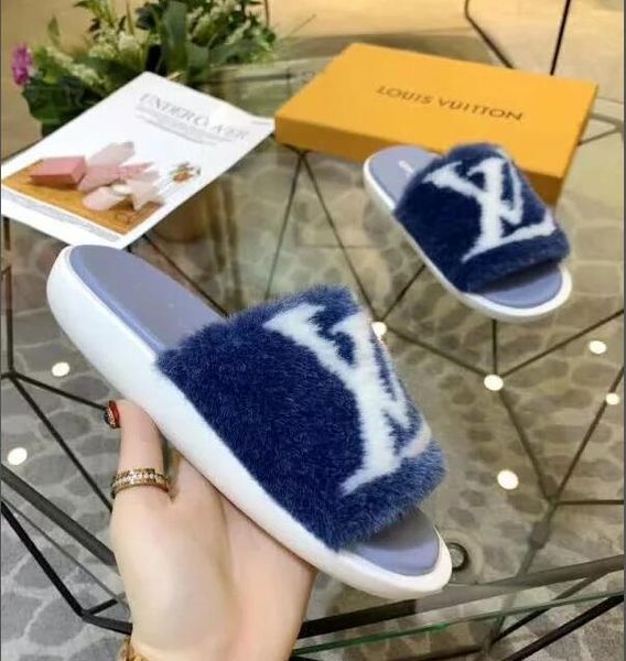 

2020 мода люкс женщины сандалии fur слайды тапочки австралия пуха повседневная обувь флип-флоп тапочки без коробки, Black