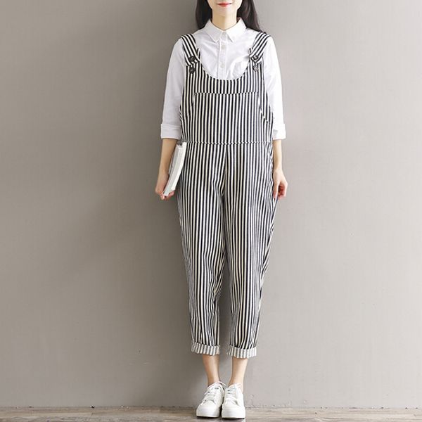 

vintage mori girl style overalls 2020 spring and summer cotton jumpsuit women stripe rompers plus size womens combinaison femme, Black;white