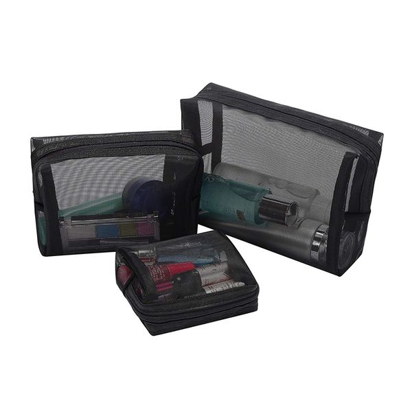 

black mesh makeup bag see through zipper pouch travel cosmetic and toiletries organizer bags pack of 3(s,m,l