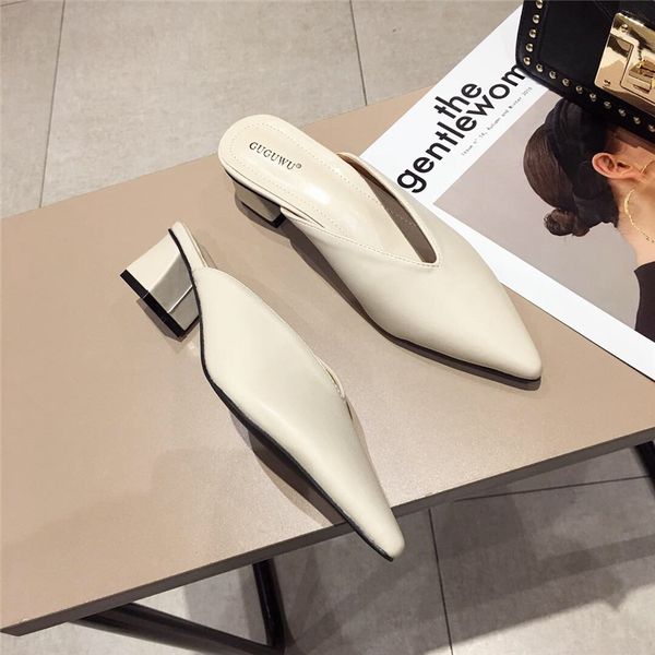 

2019 summer fashion women pointed toe slipper nude white square low heels outsides ladies slides beach mules shoes, Black
