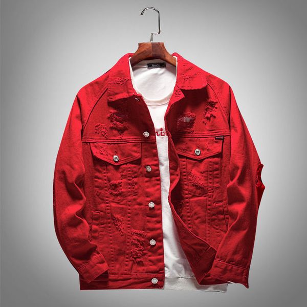 Mens Red Bomber Denim Jackets Black Letter Printed Top Coat Spring ...