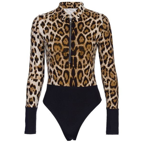 

women zipper bodysuits long sleeve slim leopard print jumpsuits turn down collar clubwear patchwork bodycon leotard femme, Black;white