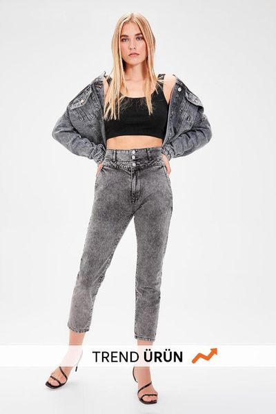 

trendyol anthracite waist detail super high waist mom jeans twoaw20je0070, Blue