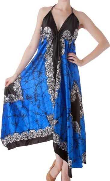 

sakkas veins print satin v-neck halter handkerchief hem dress, Black;gray