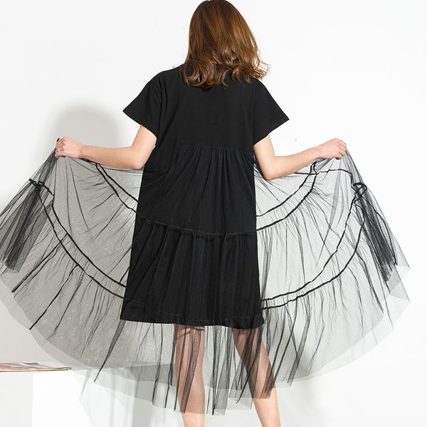 

womens clothes designer dress 2019 spring new large spring size big size net spliced black short sleeve dress woman 5xl 3361, Black;gray
