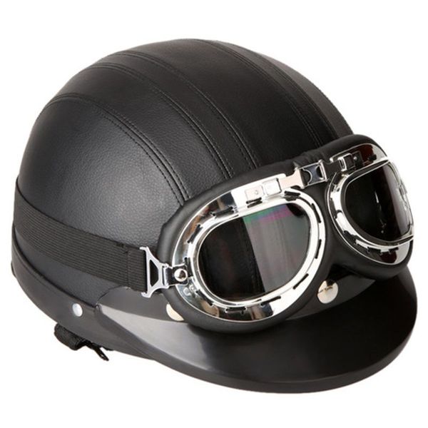 

motorcycle helmet synthetic abs+ leather half casque moto motocross helmets with visor goggles adjustable