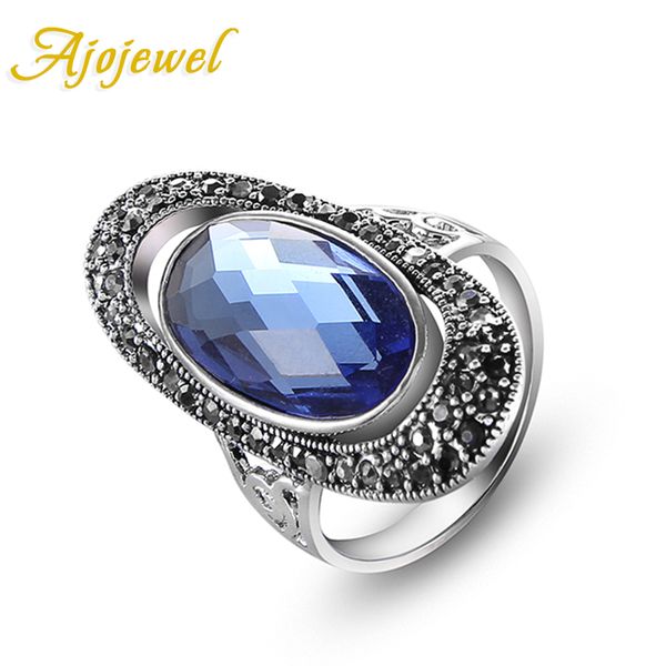 

ajojewel brand fashion vintage oval shaped blue/green crystal ring for women, Golden;silver