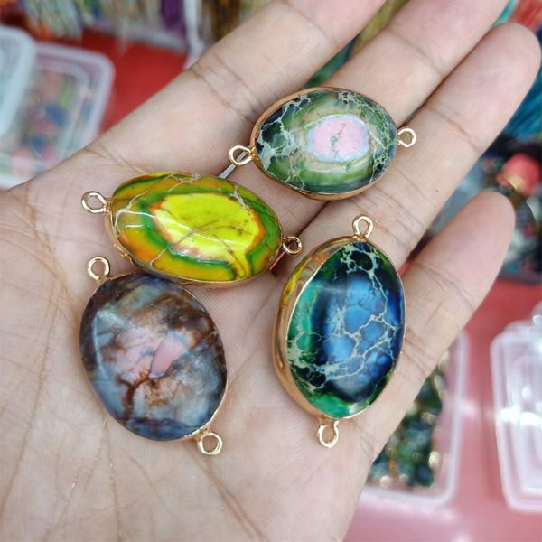 

genuine natural imperial jasper stone pendants gold border double hanging holes pendant for necklace jewelry making bracelet, Silver