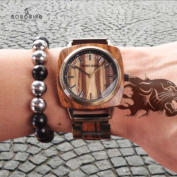 

watch men bobo bird wood wristwatch zebra pattern dial simple design waterproof christmas gift in wooden box for him, Slivery;brown