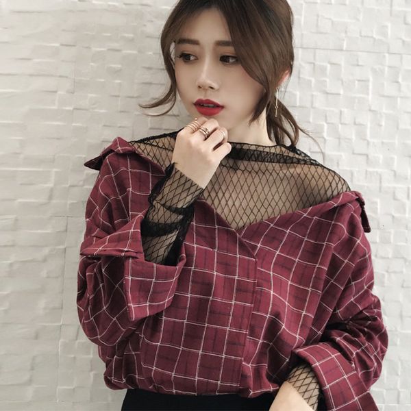 

womens blouses women korean off shoulder plaid blouse women vintage long sleeve shirt ladies autumn shirt female fashion clothing, White