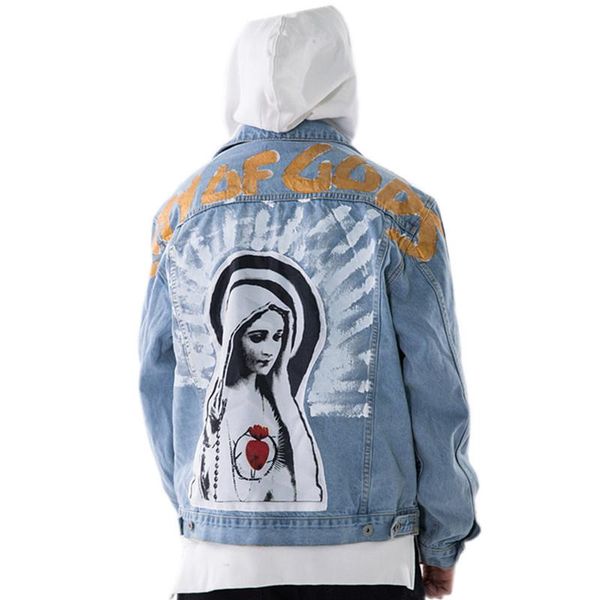

марка старинные девы марии живопись печати джинсы куртки хип-хоп уличная свободные мыть джинсовая куртка пальто мужчины женщины размер s-xl, Black;brown
