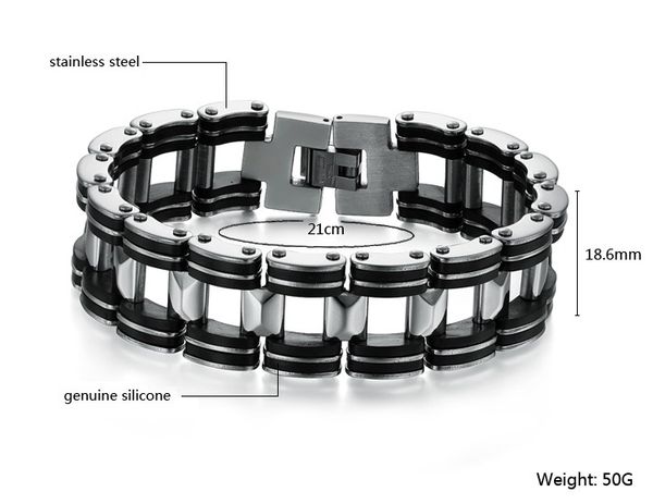 

whole2019 brand quality genuine silicone stainless steel bracelet for men width18.6mm est punk rock style big cuff chain bracelet, Black