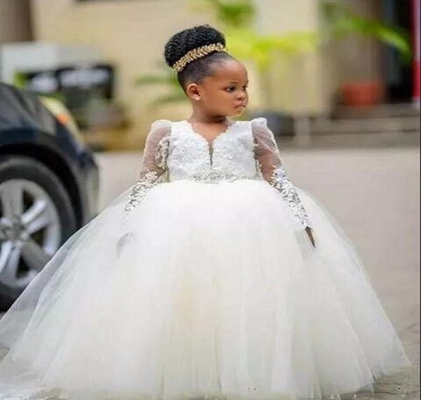 2020 Beyaz Güzel Sevimli Çiçek Kız Elbise Prenses Aplikler Kızı Toddler Güzel Çocuklar Örgün İlk Komünyon Önlükler