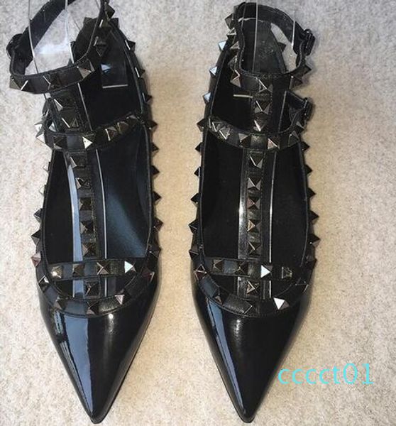 

2017 fashion women rivet shoes matte leather t strap pointed toe rock studded valentine women flats party dress shoes ct01, Black