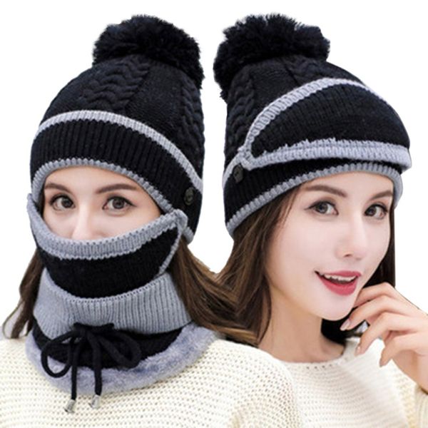 

deyiou creative bike cycling face mask + winter beanie hat and scarf set thermal headgear girl's warm knitted cap with scarf p4, Black