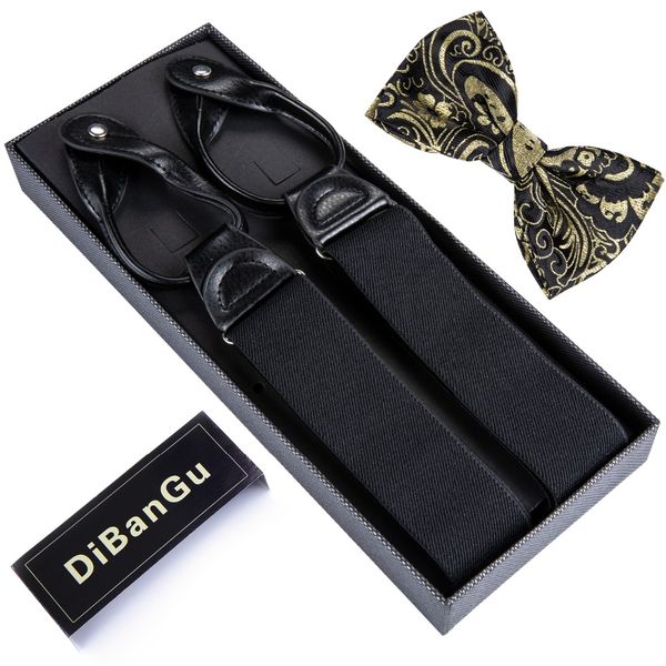 

dibangu black mens suspenders leather 6 buttons brace strap gold bowtie set fashion suspensorio adjustable bow tie bd505-lj013, Black;white