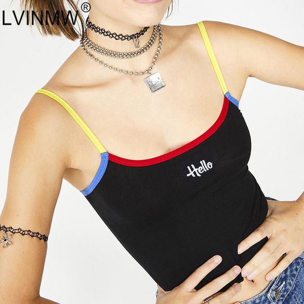 

lvinmw hello embroidery patchwork spaghetti straps crop 2019 summer women backless camisole female streetwear, White