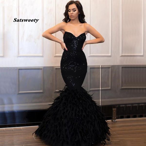 Sparkly preto Impressionante lantejoulas Mermaid Prom Dresses Strapless Neck Feather Vestido formal frisada Pavimento Length Custom Made vestidos de noite