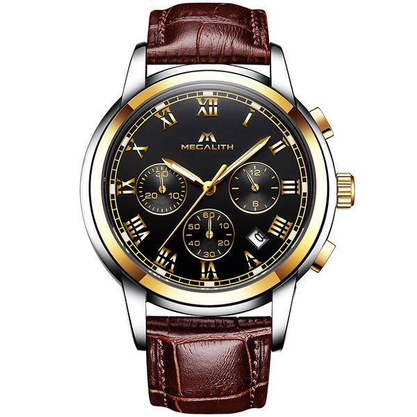 

megalith fashion business watches for men waterproof date luminous quartz wristwatch casual analogue watch clock reloj, Slivery;brown