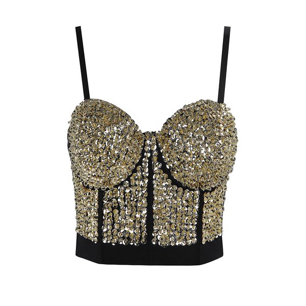 

dressbird luxury gold sequined bead bustier party blouse night club women's bra cropped vest bodycon camis top, White