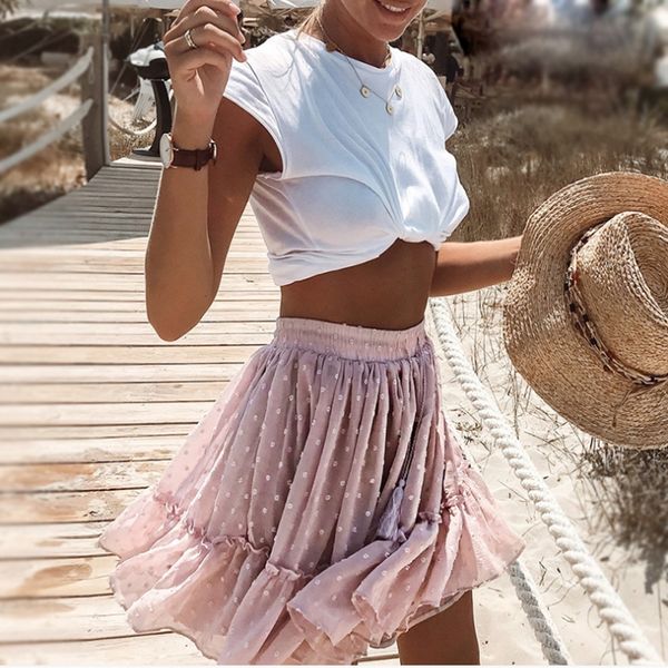 

casual polka dot mini women skirt high waist a line korean tassel pink summer skirt ruffle beach female skirts 2020, Black