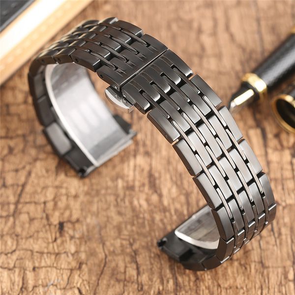 

watchband 20mm 22mm 24mm steel watch band strap men women watchstraps bracelet for watches clock hours push button hidden clasp, Black;brown