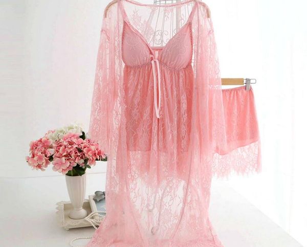 

babydoll sheer night sleepwear women black gold lace toursers lingerie pyjama 3 piece set, Blue;gray