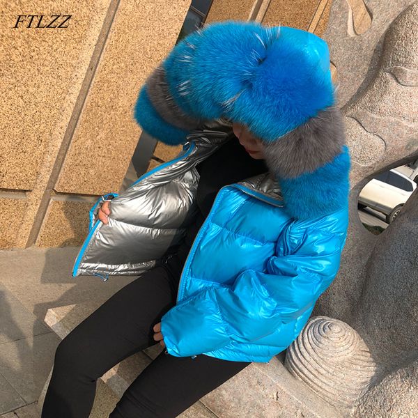 

ftlzz women double sided silver golden duck down coat winter large real fur collar waterproof jacket hooded snow outerwear, Black
